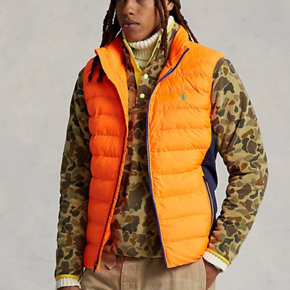 NWT POLO RALPH LAUREN MEN'S NEON PACKABLE DOWN VEST ORANGE NAVY BLUE $240‎ - Picture 1 of 10